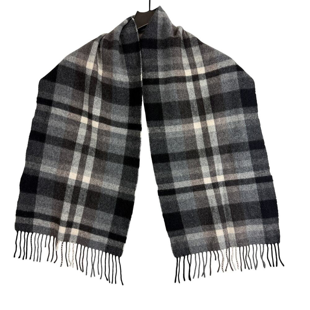 Amicale Pure Cashmere Plaid Fringe Scarf Gray Brown Black - OS